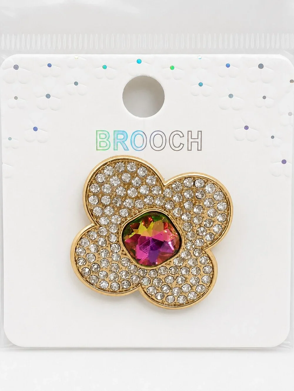 Gold Tone Rhinestone Flower Brooch Pin with Iridescent Crystal Center Pink